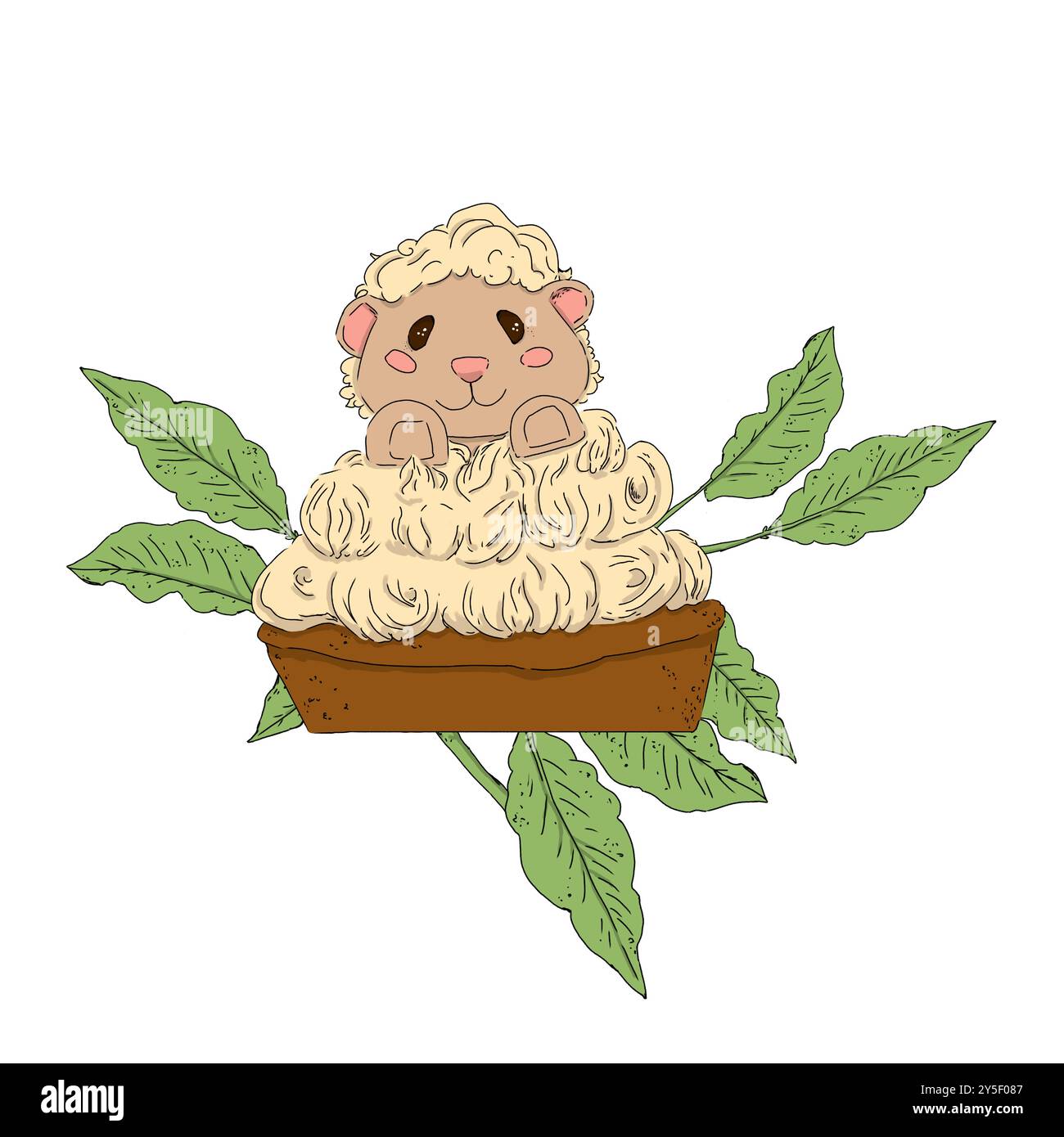 Cupcake mit Creme Lammdessert mit Kaffeepflanze Blätter digitale Komposition Farbe Illustration für Kaffeehaus, Bäckerei und Süßwaren für Druck Stockfoto