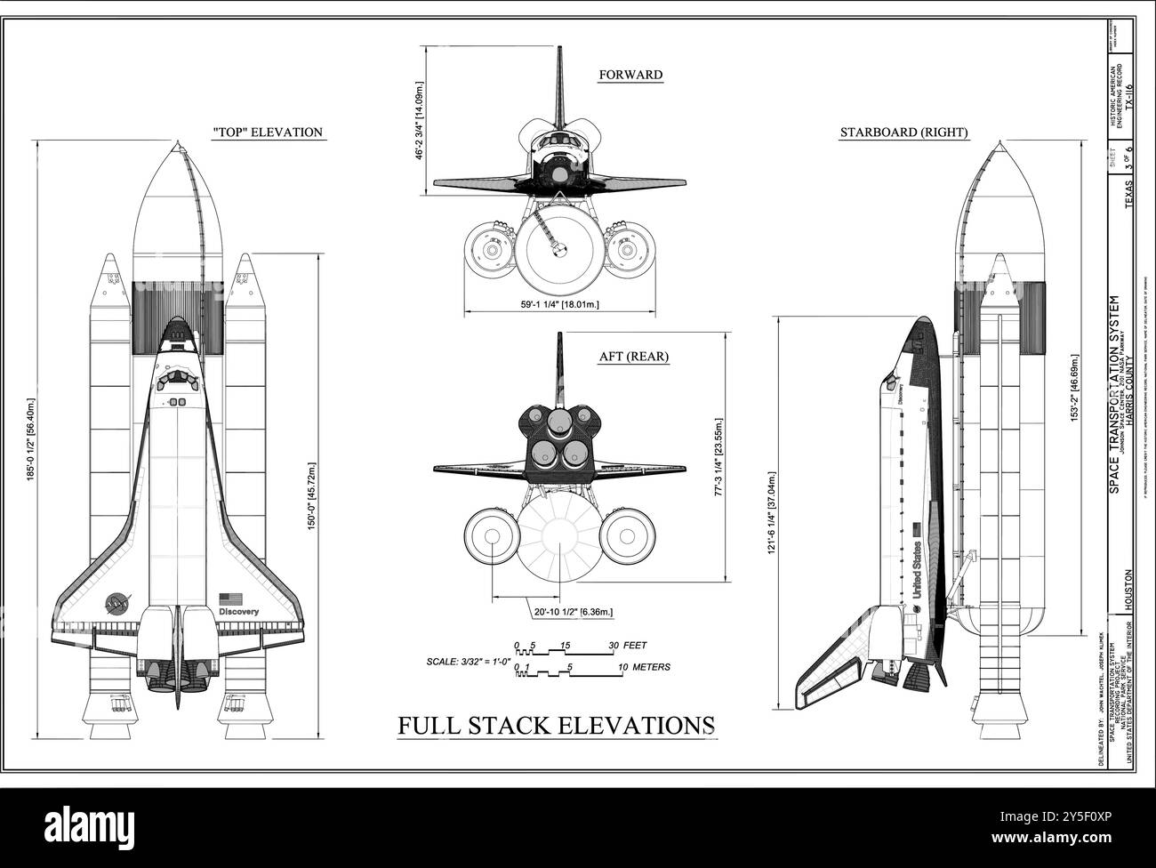 Elevations of the Space Shuttle Launch Stack Assembly - Space Transportation System, Lyndon B. Johnson Space Center, 2101 NASA Parkway, Houston, Harri Stock Vektor