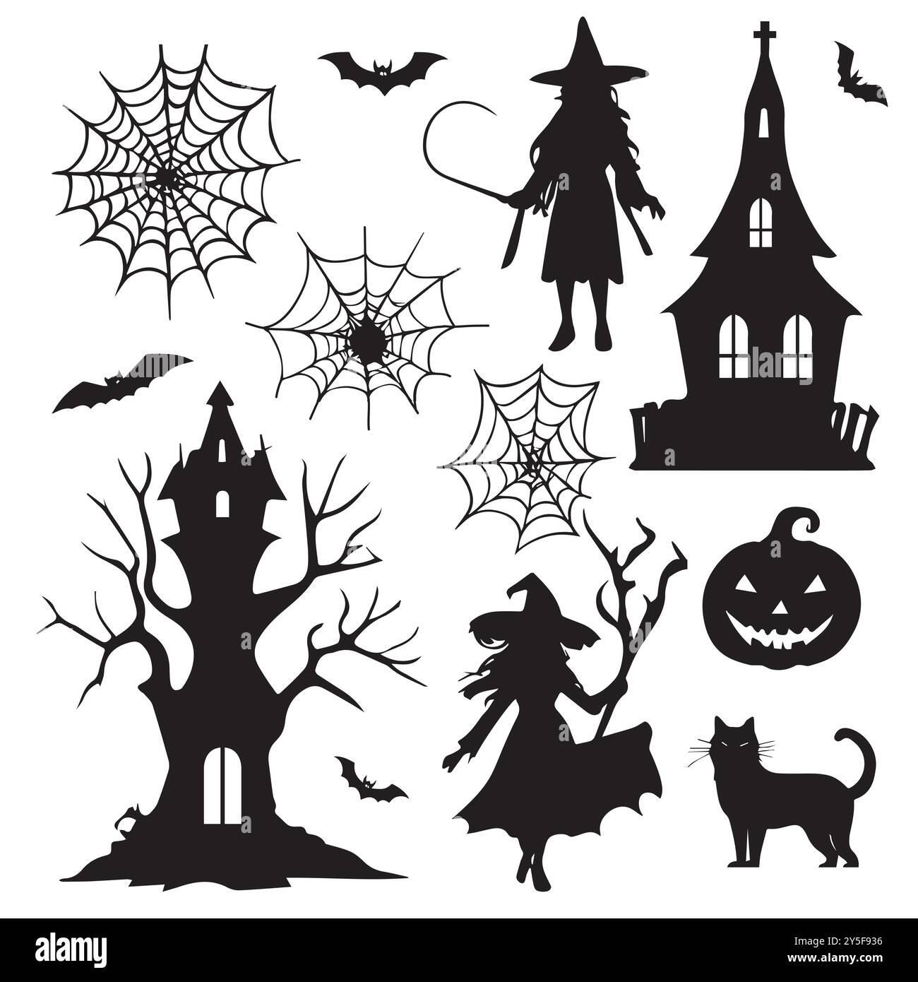 Silhouette Halloween Element Kollektion schwarz auf weißem Hintergrund. Vektorabbildung Stock Vektor