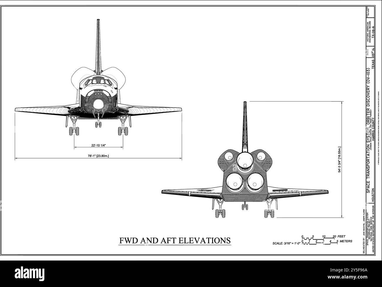 FWD and Aft Elevations - Space Transportation System, Orbiter Discovery (OV-103), Lyndon B. Johnson Space Center, 2101 NASA Parkway, Houston, Harris C Stock Vektor