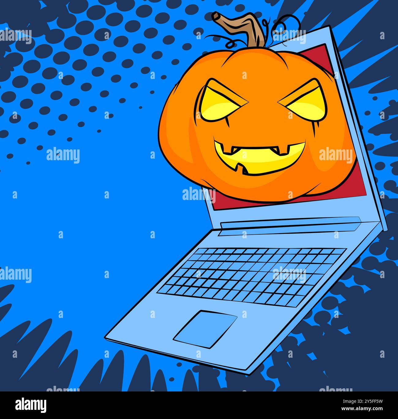 Cartoon Laptop, Comic-Notizbuch mit Halloween Jack O' Lantern Kürbis. Retro-Vektor-Comics Pop-Art-Design. Stock Vektor