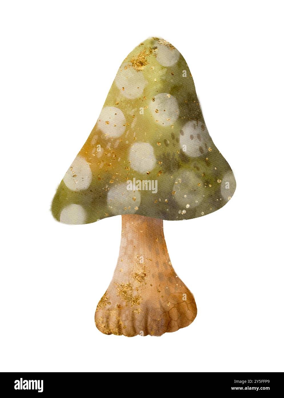 Diese bezaubernde Illustration zeigt einen wunderbaren grünen Pilz mit Punktmuster, der mit einem wunderbaren Touch verziert ist. Isoliertes Objekt auf weißem Hintergrund für die Gestaltung einer Broschüre, eines Flyers, eines E-Packs, einer Website, eines Artikels, Etikett oder Werbung. Digitale Kunst im Aquarellstil. Stockfoto