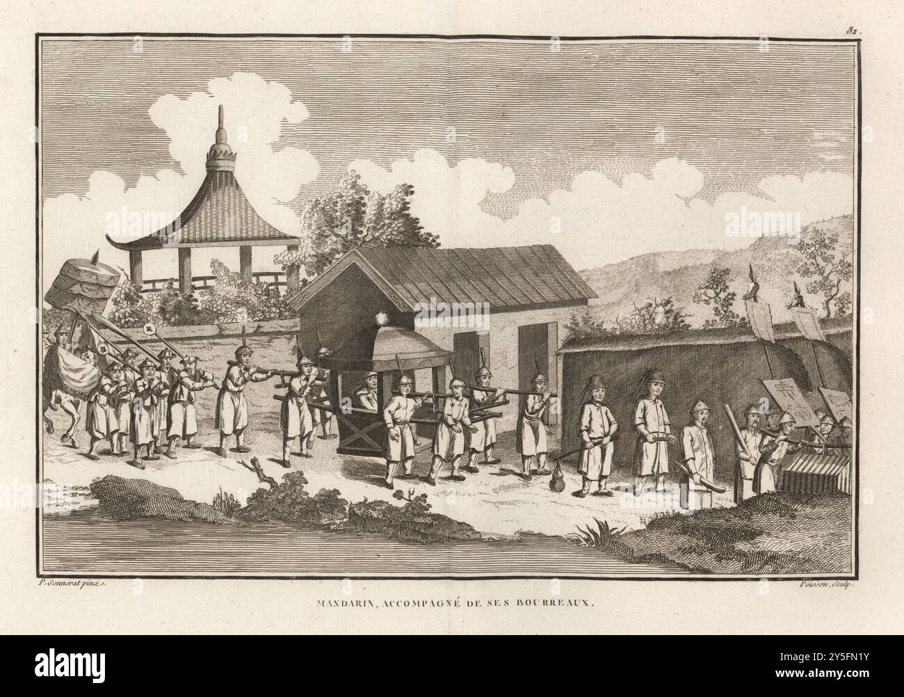 Chinesischer Richter, begleitet von seinen Henkern. Der Mandarin auf einer Tour in einer Sänfte mit acht Trägern, Henkern mit Schwertern, Beamten, Standardträgern, berittenen Sonnenschirmträgern, usw. Mandarinbegleitung de ses bourreaux. Kupferstich von J. J. Avril nach einer Illustration von Pierre Sonnerat aus seiner Voyage aux Indes Orientales et à la Chine (Voyage to the East Indies and China, Dentu, Paris, 1806). Stockfoto