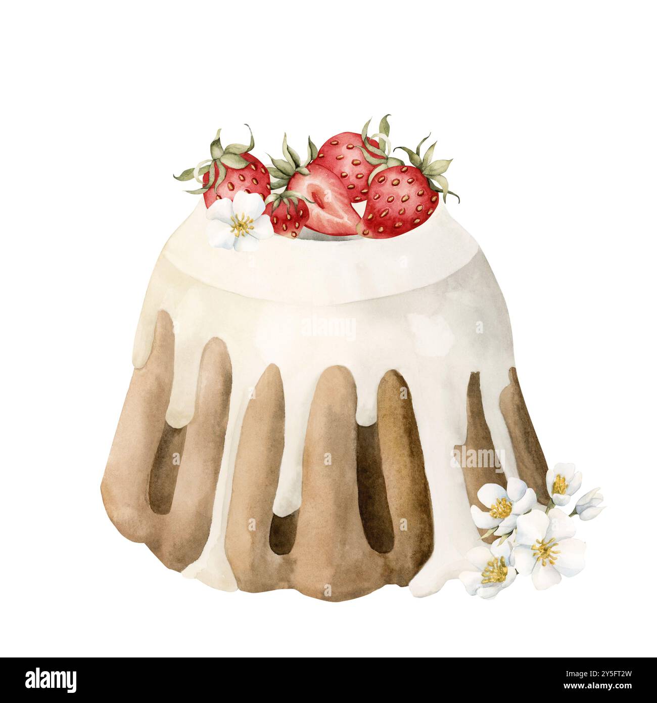 Kuchen mit weißer Glasur und frischen Erdbeeren mit Blumen. Aquarell Hand gezeichnet isolierte Lebensmittel Illustration für Bäckerei und Süßwaren Design, Café Stockfoto