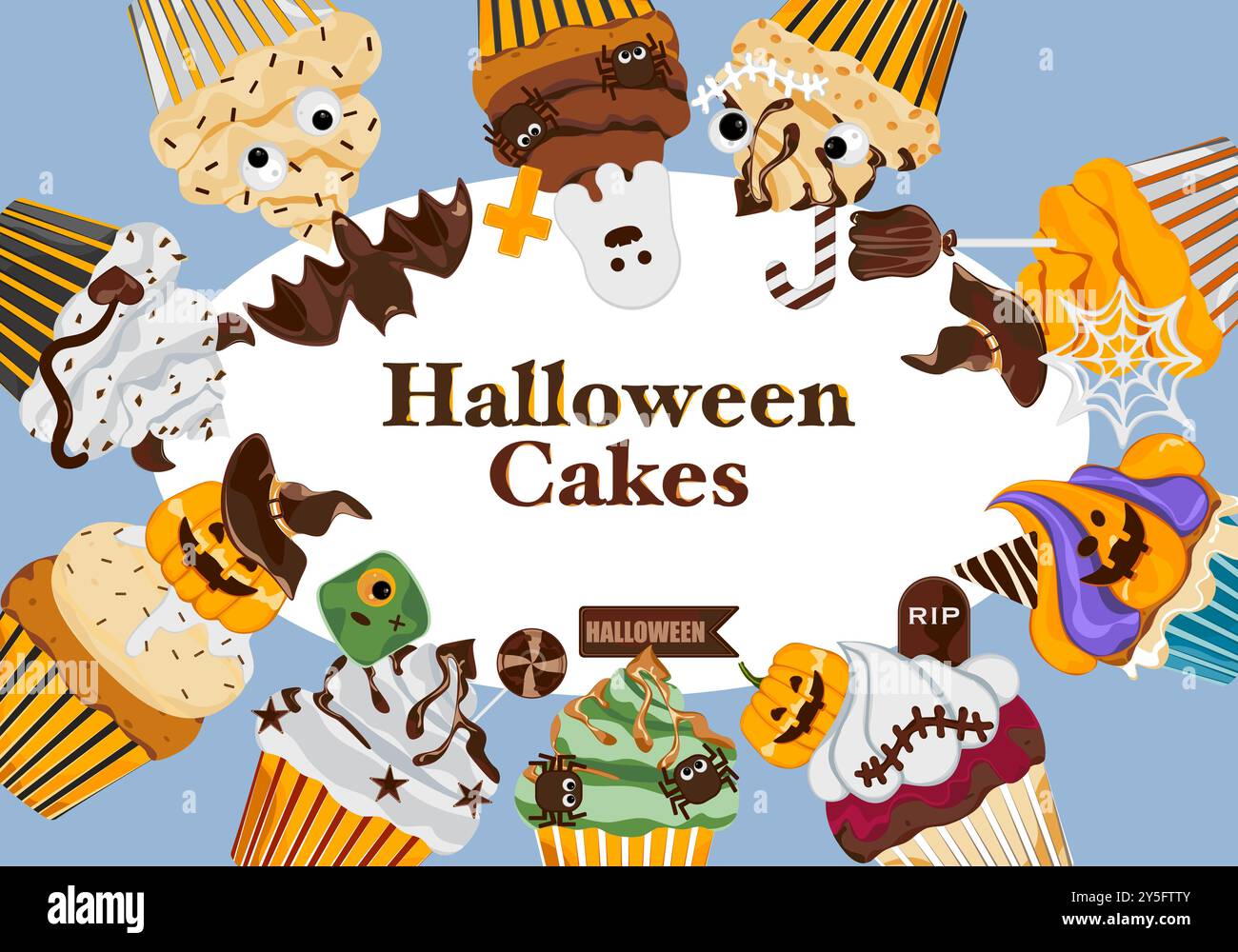 Halloween Kuchen Set Fancy Halloween Elements Spooky Desserts: Geister, Kürbisse, Friedhöfe, Knochen, Schädel, Fledermäuse und Spinnen sind auf dem Kuchen dekoriert Stock Vektor