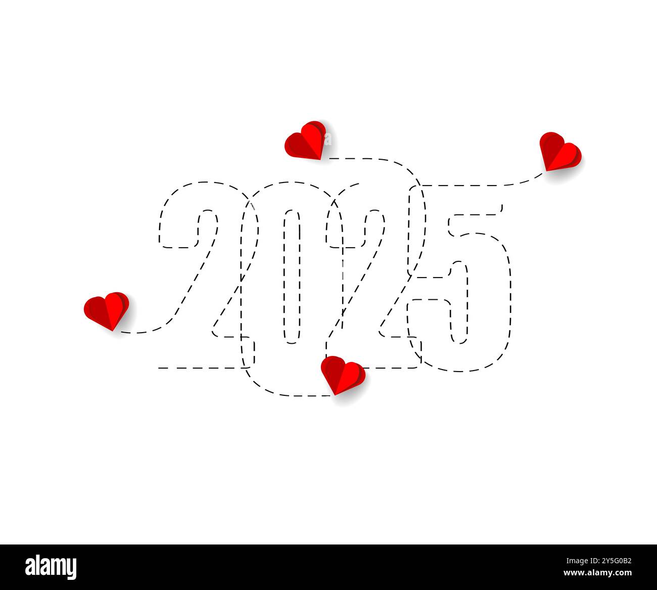 Frohe weihnachten und ein frohes neues Jahr. Fliegende Herzen mit Papierschneidtechnik mit der Route 2025. Stockfoto