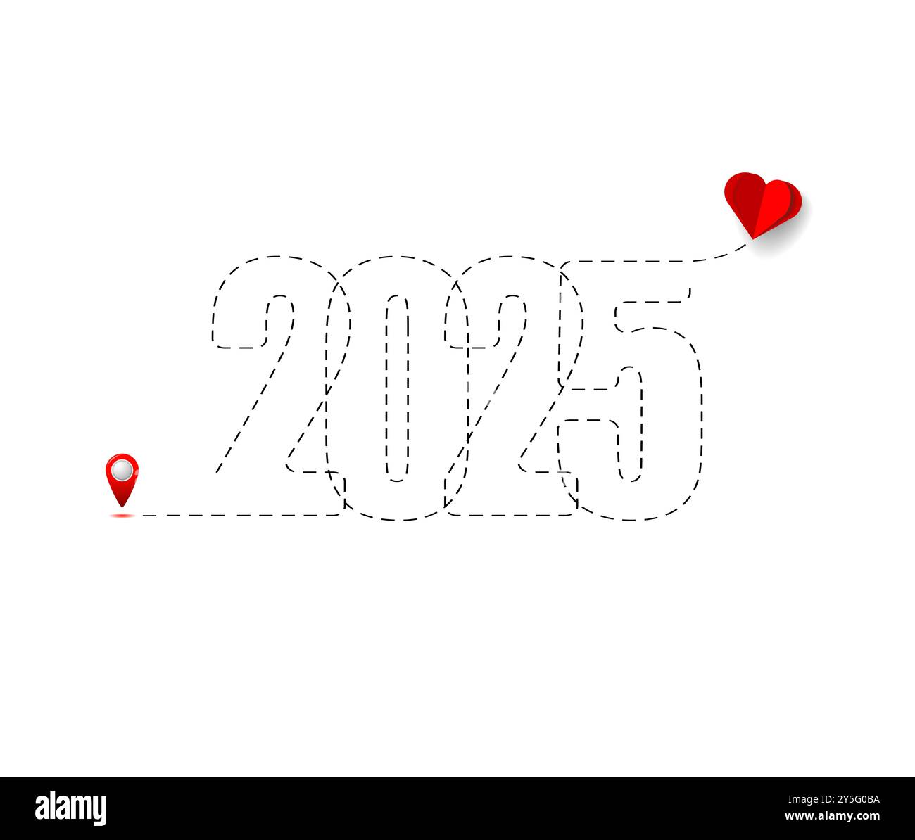 Frohe Weihnachten und Neujahr Konzept, Ziel mit Route 2025. Fliegendes Papierherz mit Schnittpapiertechnik. Stockfoto