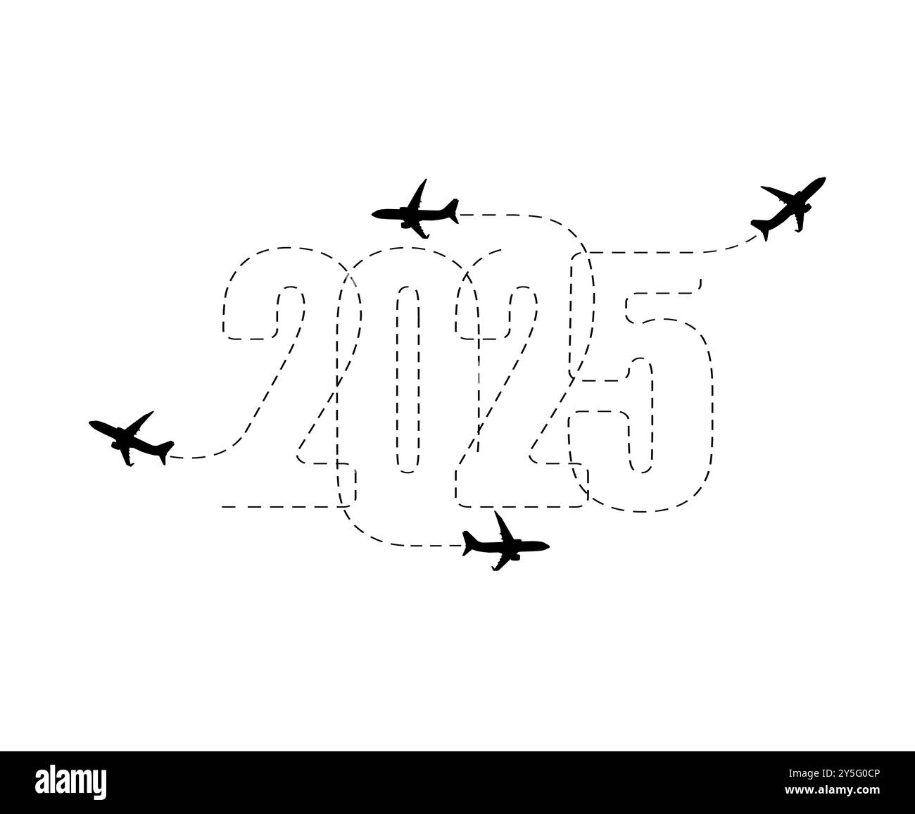 Frohe Weihnachten und Neujahrskonzept. Die Flugstrecke des Flugzeugs im Jahr 2025. Stockfoto