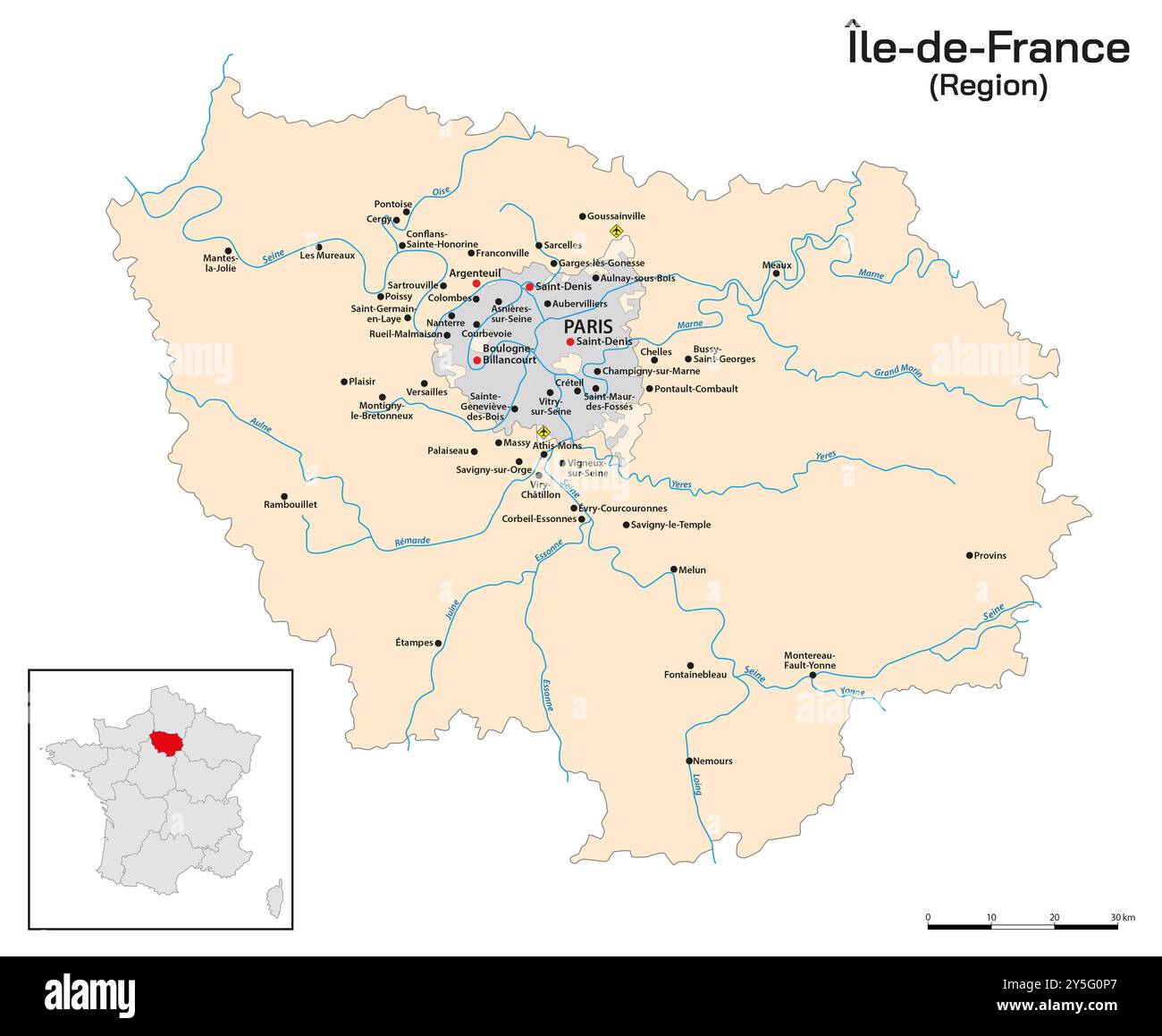 Karte mit den wichtigsten Städten und Flüssen der nordfranzösischen Region Ile-de-France Stockfoto