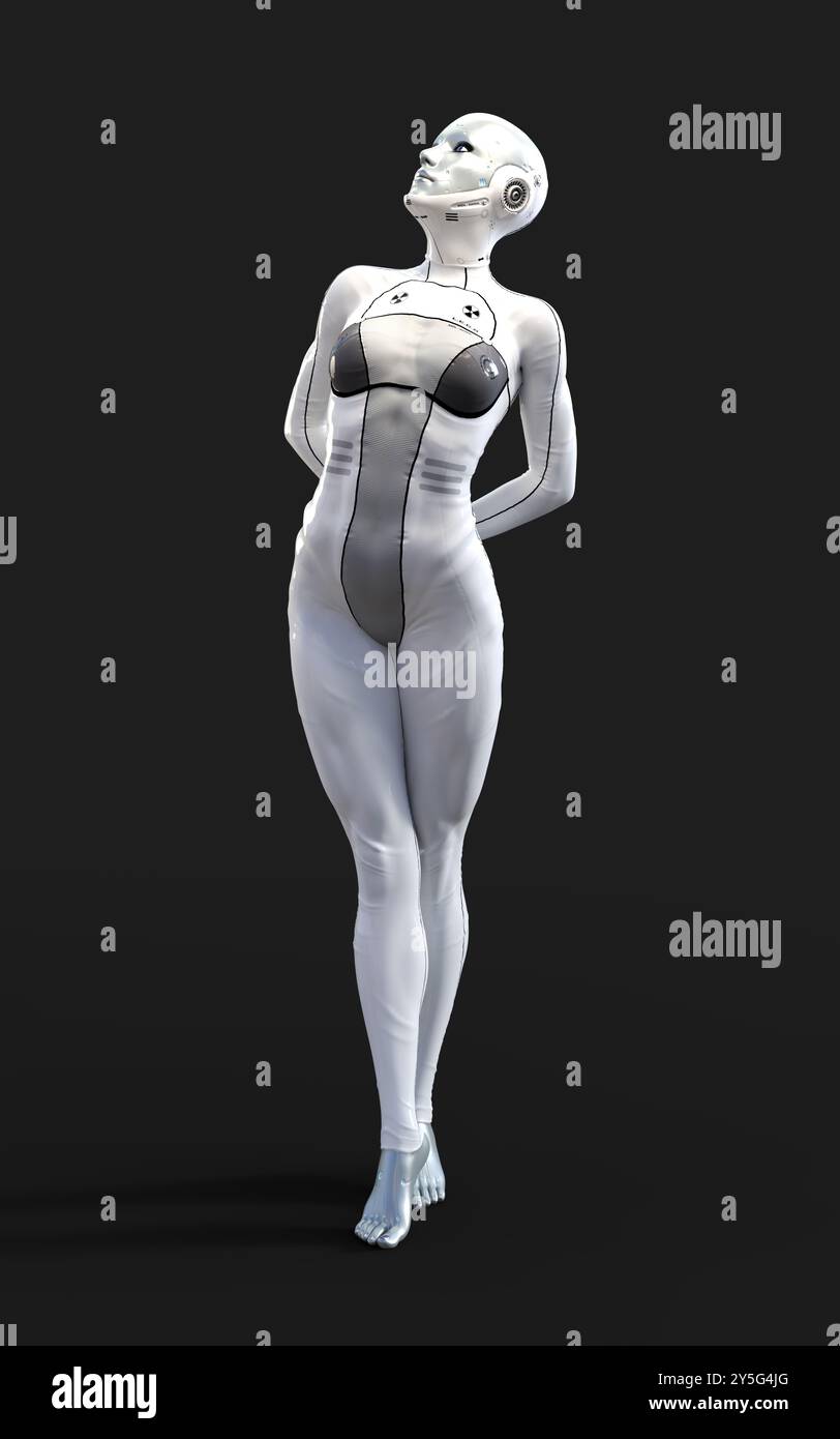 3D-Illustration Einer Cyborg-Frau auf weißem Hintergrund. Stockfoto