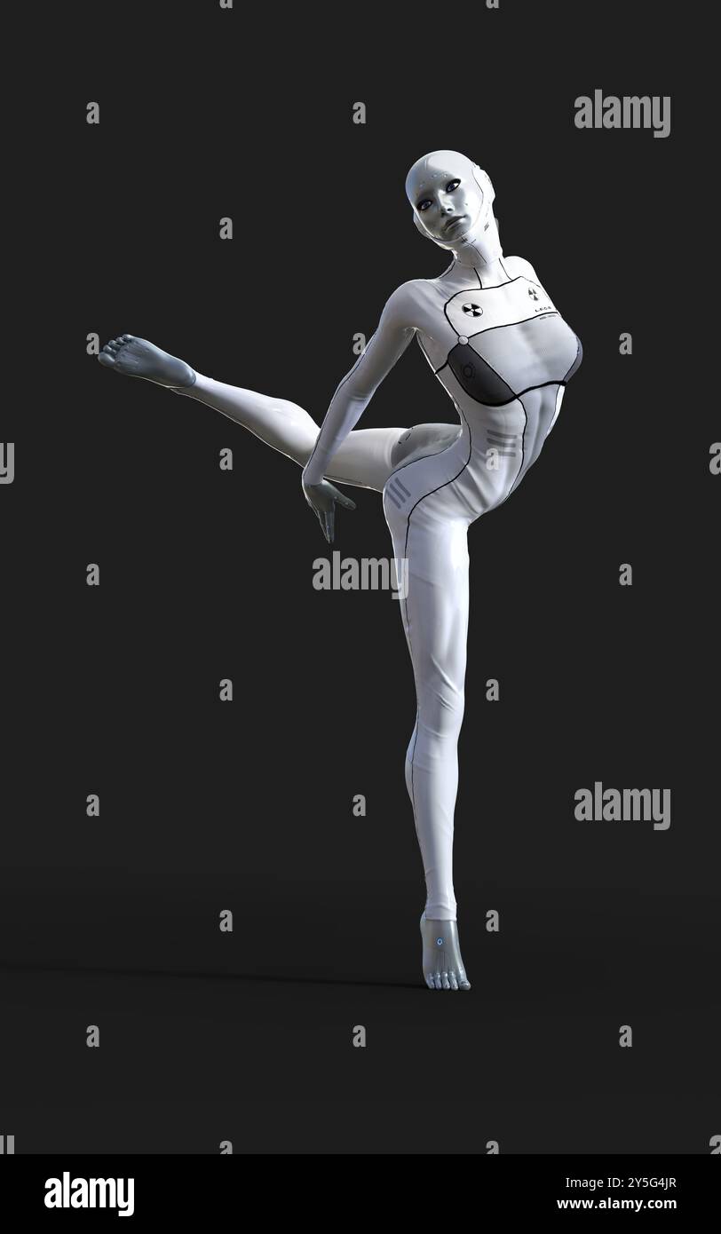 3D-Illustration Einer Cyborg-Frau auf weißem Hintergrund. Stockfoto