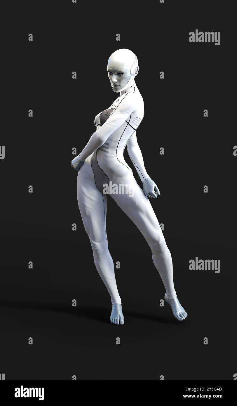 3D-Illustration Einer Cyborg-Frau auf weißem Hintergrund. Stockfoto