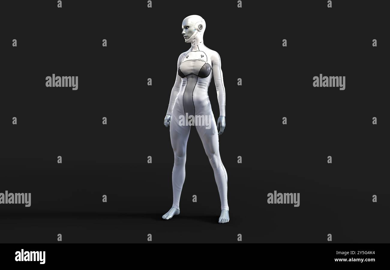 3D-Illustration Einer Cyborg-Frau auf weißem Hintergrund. Stockfoto