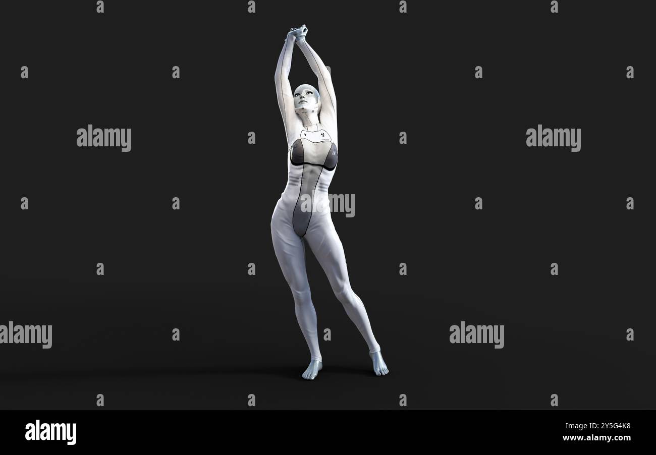 3D-Illustration Einer Cyborg-Frau auf weißem Hintergrund. Stockfoto