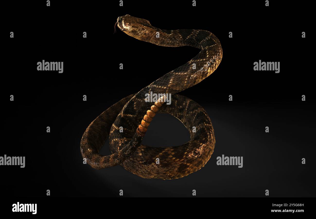 3D-Illustration der Klapperschlange Western Golden Diamondback posiert für Schlag auf dunklem Hintergrund mit Schnittpfad. Stockfoto