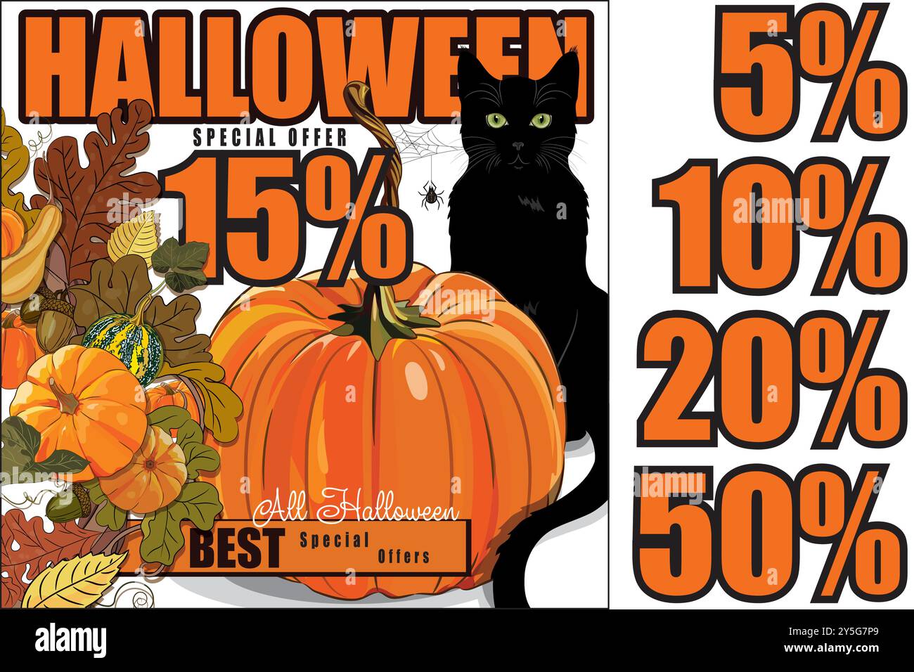 Herbstdesign - Magic Garden. Ein Kranz aus Reben mit Kürbissen, Eichenblättern, Eicheln und schwarzer Katze Stock Vektor