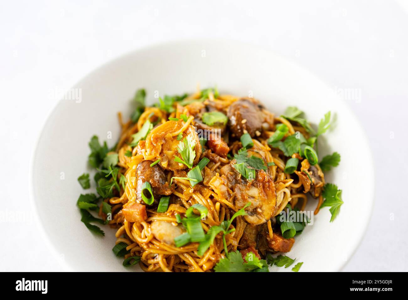 Nudeln mit Lauch, Pilzen, iberischem Schinken und „Dan Dan Dan“-Sauce Stockfoto