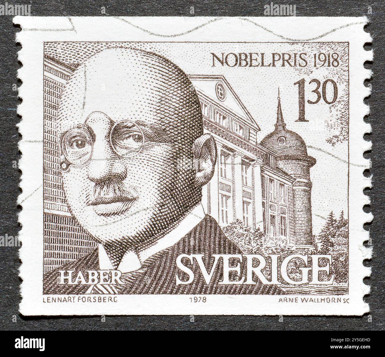 Gestempelte Briefmarke, gedruckt von Schweden, auf der Fritz Haber (1868-1934) - Chemiker, Nobelpreisträger 1918, ca. 1978 zu sehen ist. Stockfoto