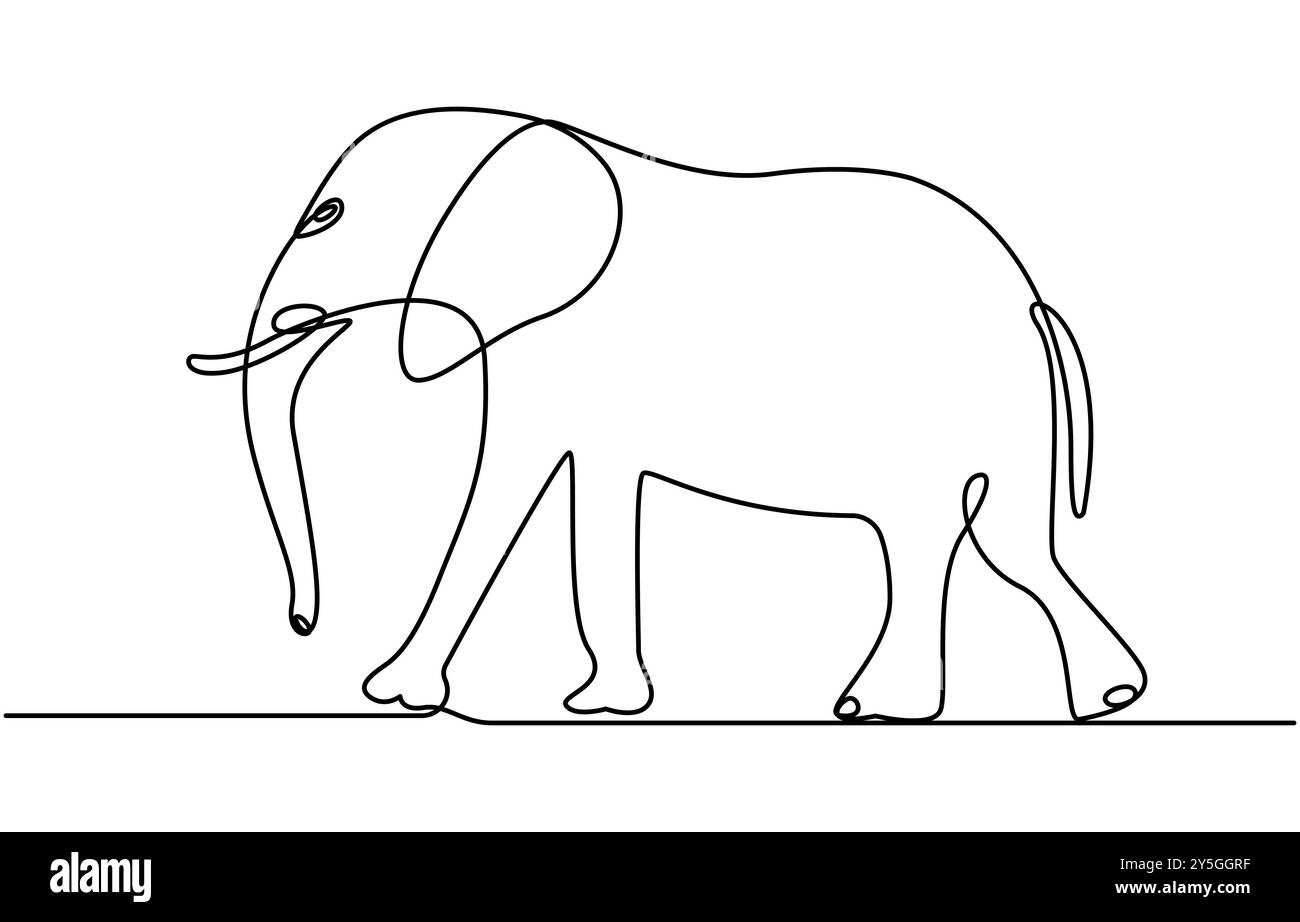 Fortlaufende Linie des Gehenden stehenden Elefanten. Eine einzige einzeilige Kunst des wilden Elefanten. Vektor-Illustration, Elefant eine Linie. Elefant mit Baby-Symbol Stock Vektor