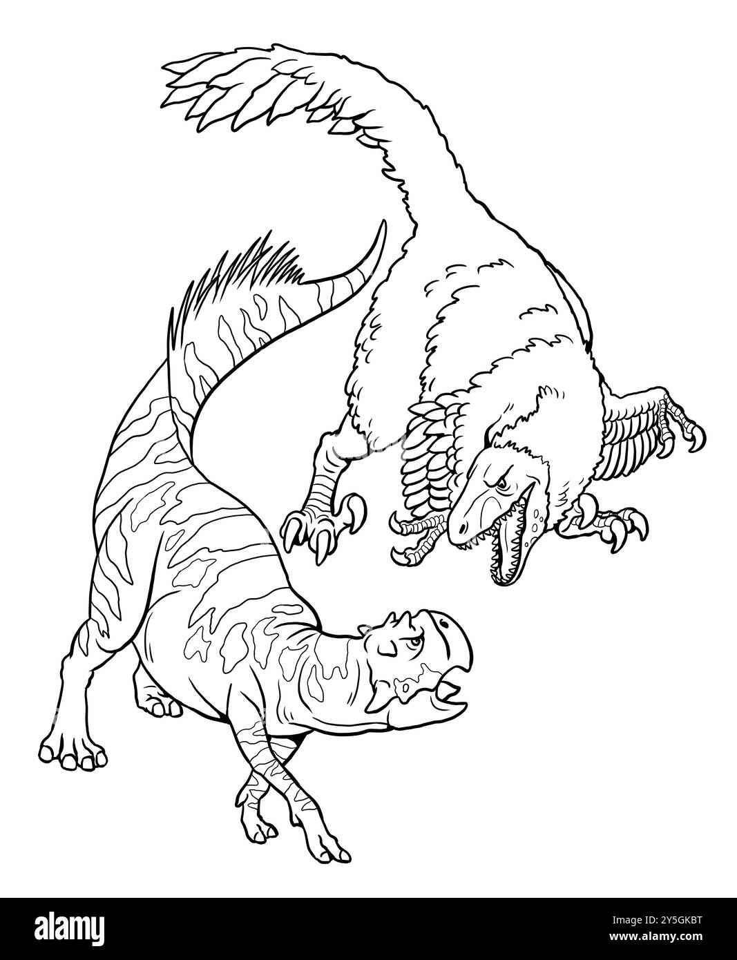 Der Raubsaurier Deinonychus greift Psytacosaurus an. Kampf zwischen zwei Dinosauriern, um sich anzumalen. Stockfoto