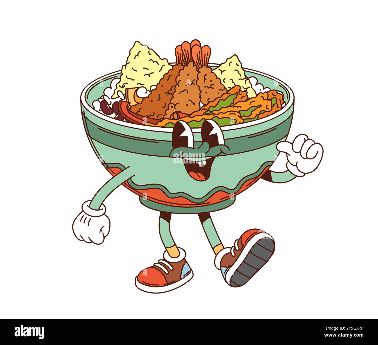 Eine groovige Sehne-Donburi-Figur stellt eine Schüssel Tempura über Reis dar. Vector Japan Food Personage mit fröhlichem Ausdruck, großen Augen und einem breiten, freundlichen Lächeln, das traditionelle asiatische Essen präsentiert Stock Vektor