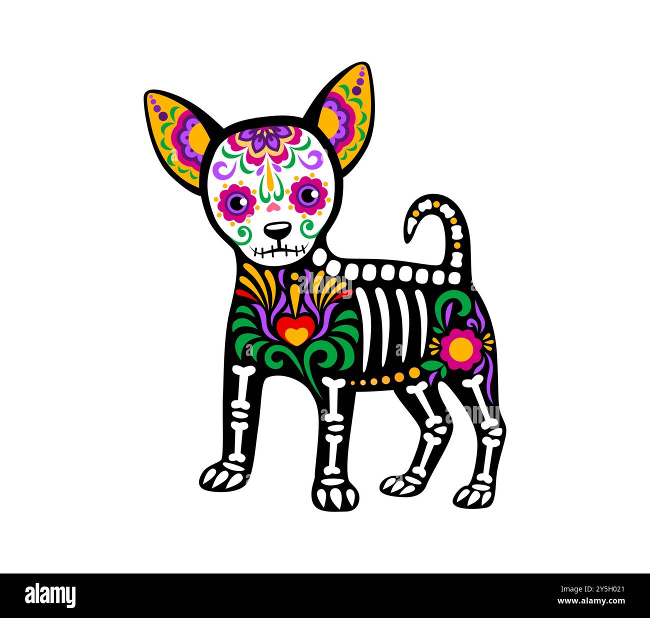 Tag des toten mexikanischen Hund Tier Skelett Tattoo. Isolierter Vektor Dia de los muertos Zuckerschädel Welpe mit lebendigen Blumenmotiven und Knochen, die Erinnerung und Feier verstorbener Haustiere symbolisieren Stock Vektor