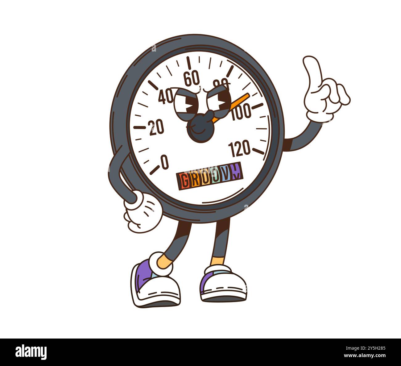 Retro-Tachometer mit groovigem Charakter. Isolierter Cartoon-Vektor-Spaß und lebendige Fahrzeugfigur mit ausdrucksstarkem Gesicht und zeigender Handgeste, die Schwingungen von Energie und Bewegung vermitteln Stock Vektor