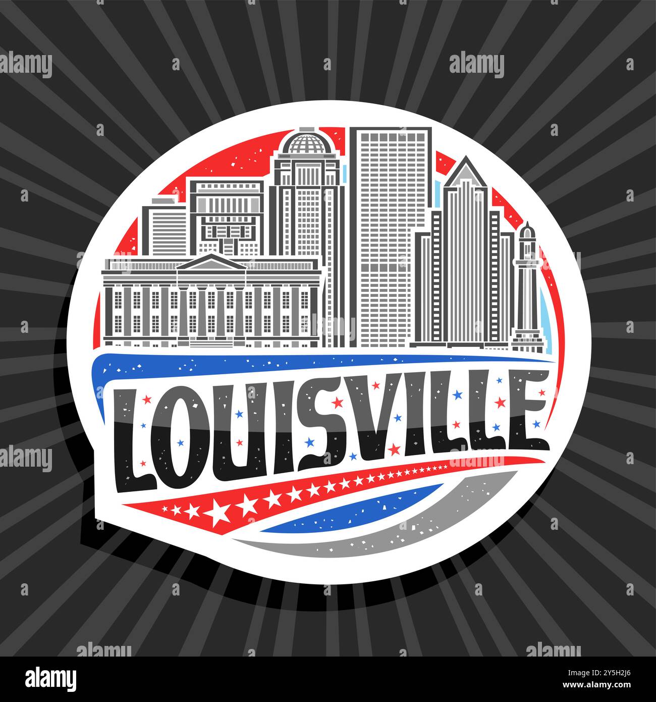 Vektor-Logo für Louisville, weißer dekorativer Tag mit Linie Illustration der louisville Stadtlandschaft auf Tag Himmel Hintergrund, Kunst Design Kühlschrank Magnet Stock Vektor