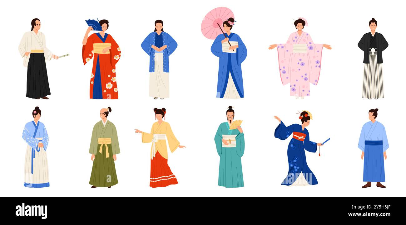 Japaner in traditionellen Kostümen. Frau und Mann in Nationalkleidung, männliche und weibliche Charaktere tragen unterschiedlichen Kimono und halten Papierfächer, Regenschirm Cartoon Vektor Illustration Stock Vektor