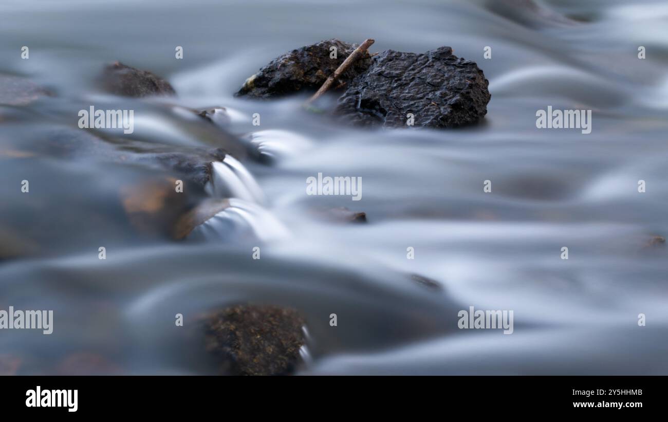 Felsen und Holz im Bach mit seidenem Wasser, lange Exposition Stockfoto