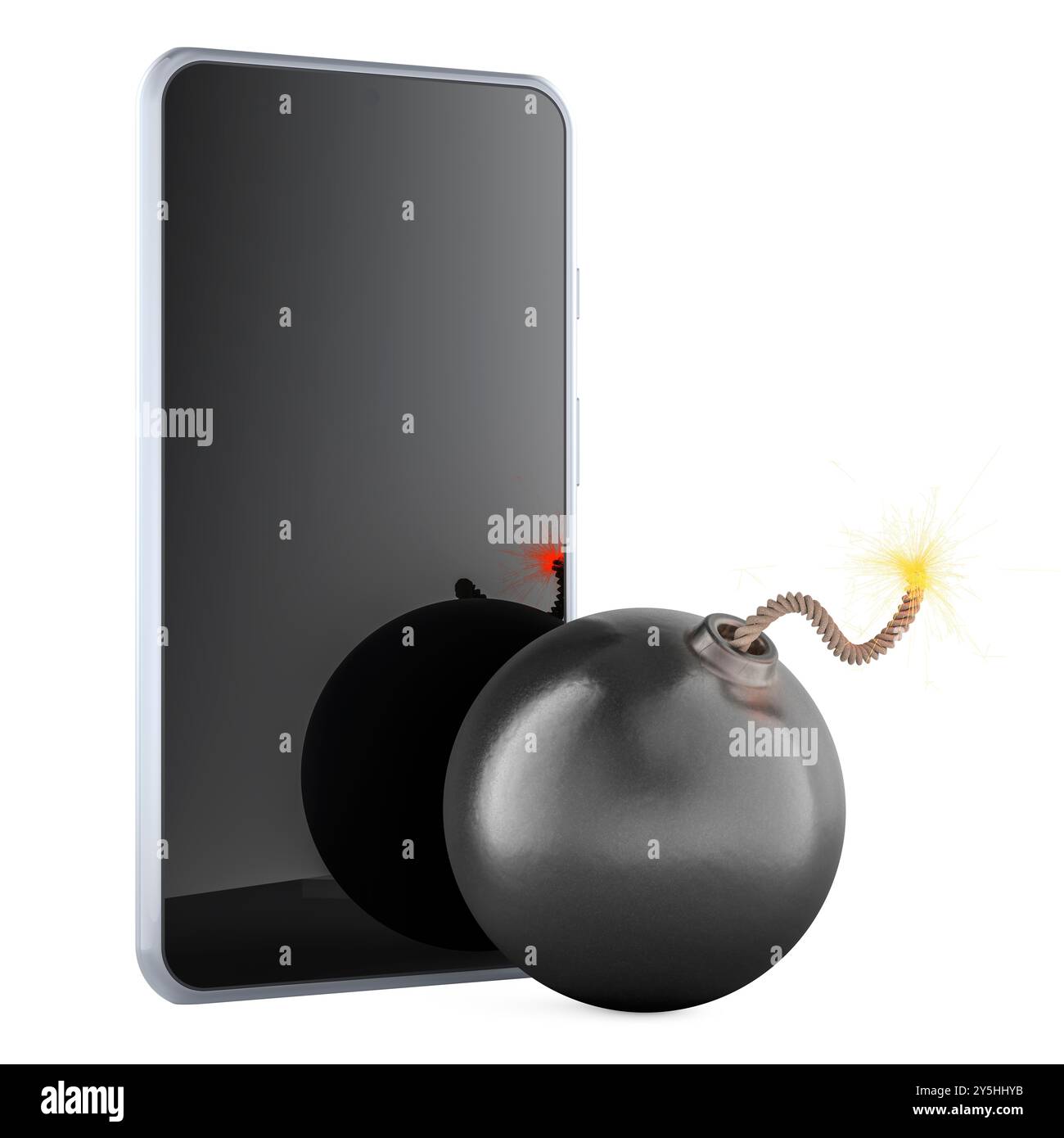 Explosionen von Smartphones. Handy und Bombe mit brennender Sicherung. 3D-Rendering isoliert auf transparentem Hintergrund Stockfoto