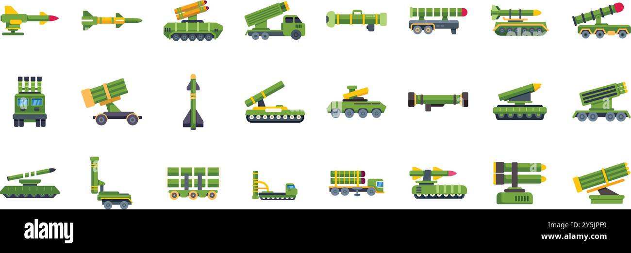 Dies ist eine Sammlung von Illustrationen, die verschiedene Arten von Raketenwerfer zeigen, die vom Militär verwendet werden Stock Vektor