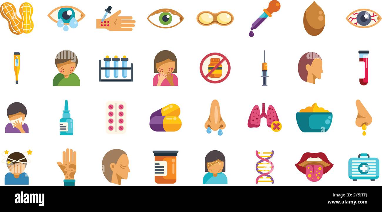 Diese Abbildung zeigt verschiedene Symbole für Allergien, die Symptome, Behandlungen, Diagnosewerkzeuge und gängige Allergene darstellen Stock Vektor