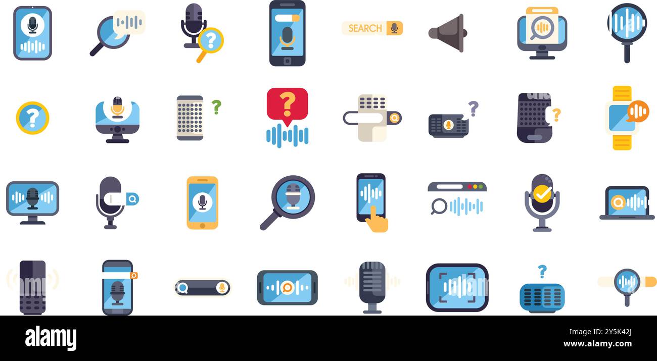 Die Sprachsteuerung präsentiert ein Sounderkennungssystem mit einem Soundwellenzeichen in flachen Symbolen Stock Vektor