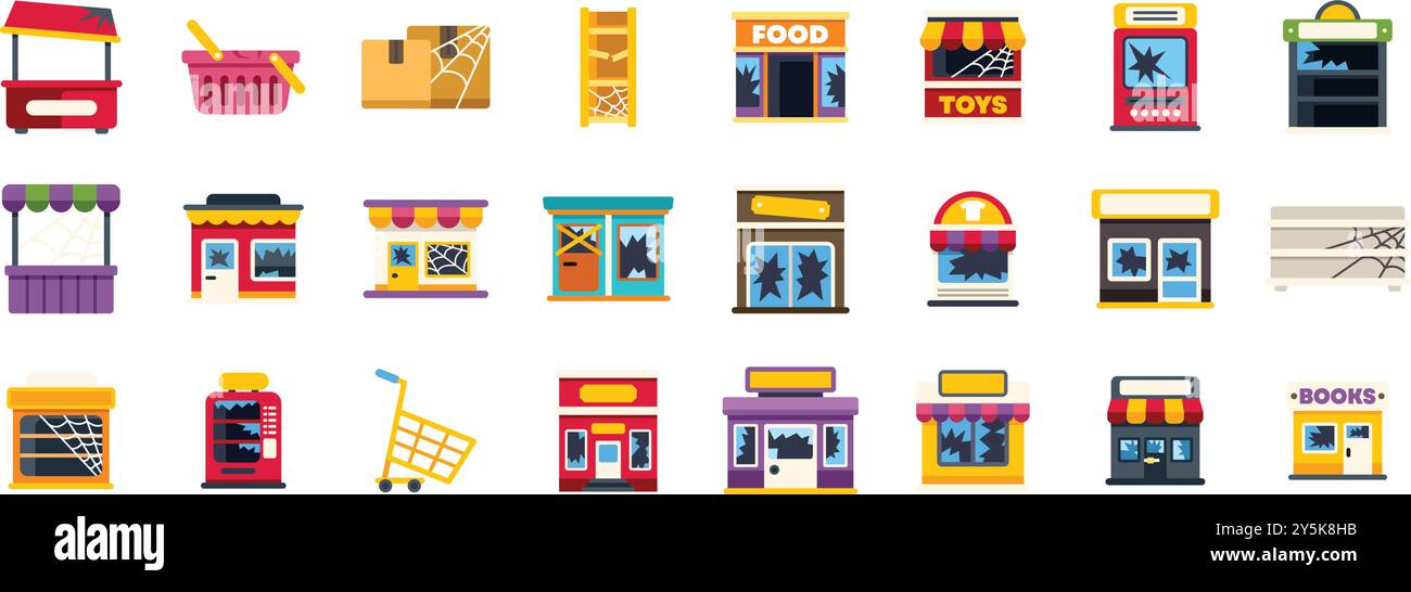 Set aus verschiedenen verlassenen Stadtgebäuden im flachen Stil, einschließlich Geschäften, Geschäften, Verkaufsständen, Kabinen und anderen Gebäuden mit kaputten Fenstern, geschlossen und mit Spinnweben bedeckt Stock Vektor