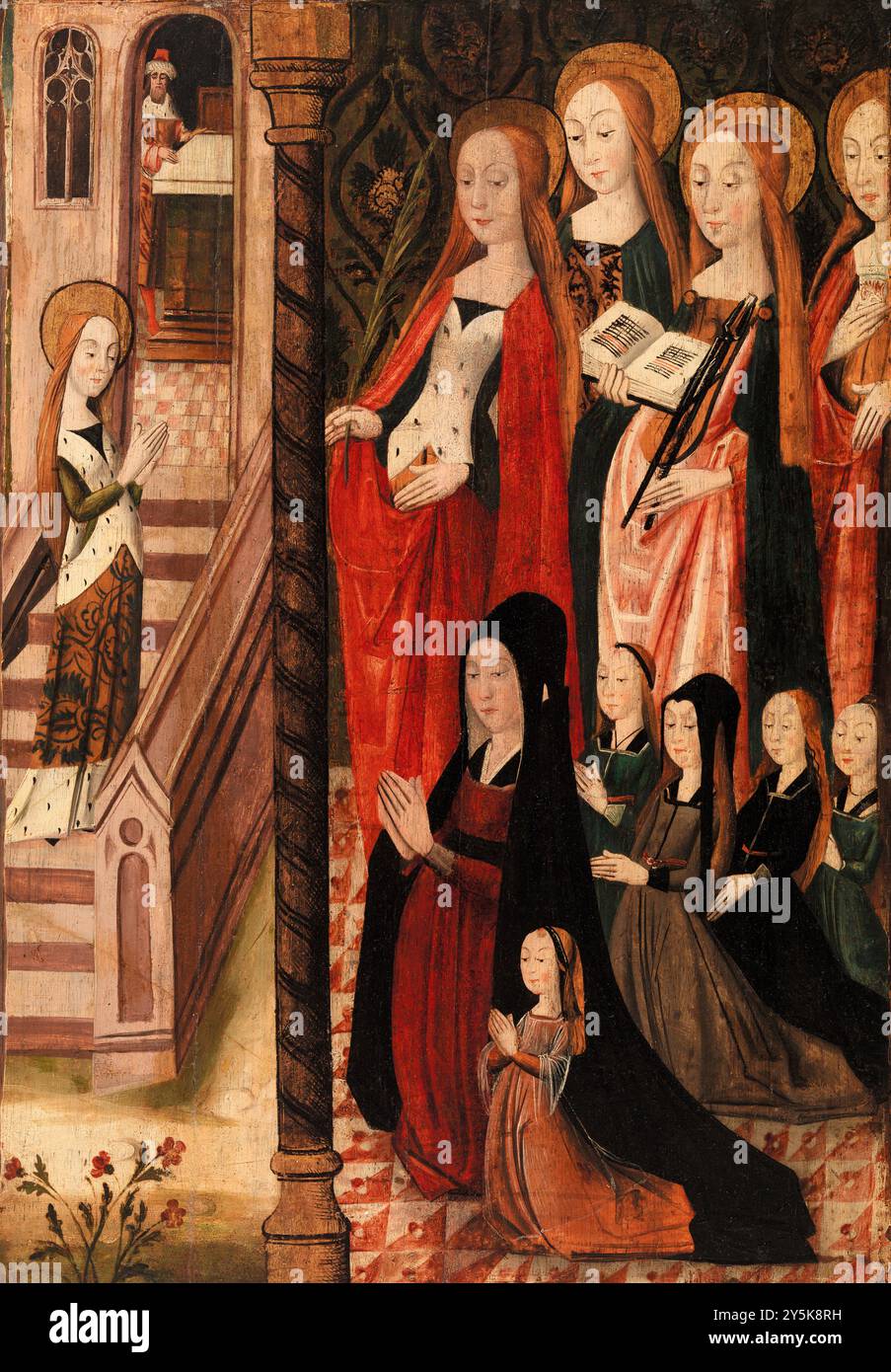 Maria geht in den Tempel, vier weibliche Heilige und eine Spenderin und ihre Töchter. Unbekannter Künstler. 15. Jahrhundert. Französisch. Stockfoto
