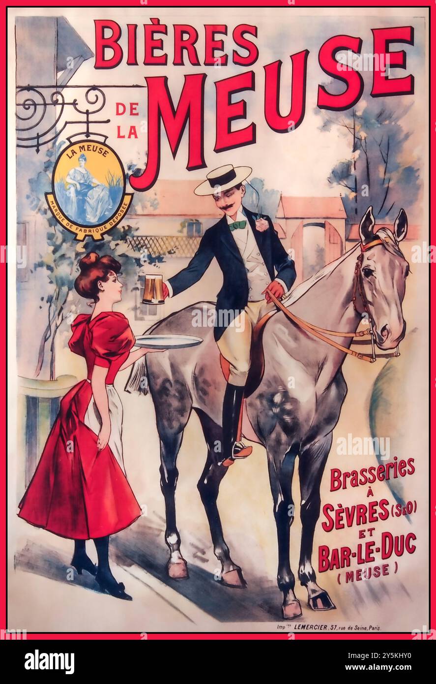 Vintage 1900er Jahre französisches Bier Poster „Bieres de la Meuse“ Bieres de La Meuse um 1900 Original Vintage Poster gedruckt von Imp. F. Champenois: Französische Bierwerbung. Verfügbar in Sevres und Bar-Le-Duc Stockfoto
