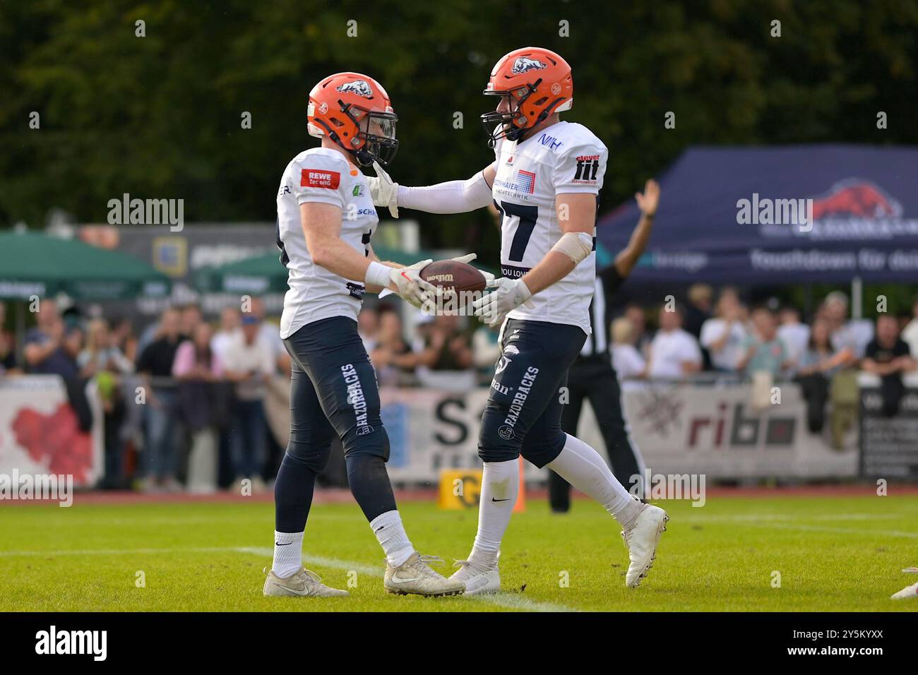 Touchdown Michael Mayer (3, WR, ifm Razorbacks Ravensburg) GER, ifm Ravensburg Razorbacks vs New Yorker Lions Braunschweig, American Football, GFL, Saison 2024, Playoffs, Viertelfinale, 22.09.2024, Eibner-Pressefoto/Florian Wolf Stockfoto