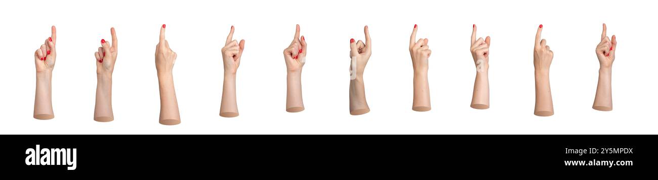 Zeigefinger zeigt nach oben, Handgeste mit roten Nägeln Maniküre zum Anzeigen, Anzeigen, Werben, Werben. Isoliert auf weißem Hintergrund, Set. Stockfoto