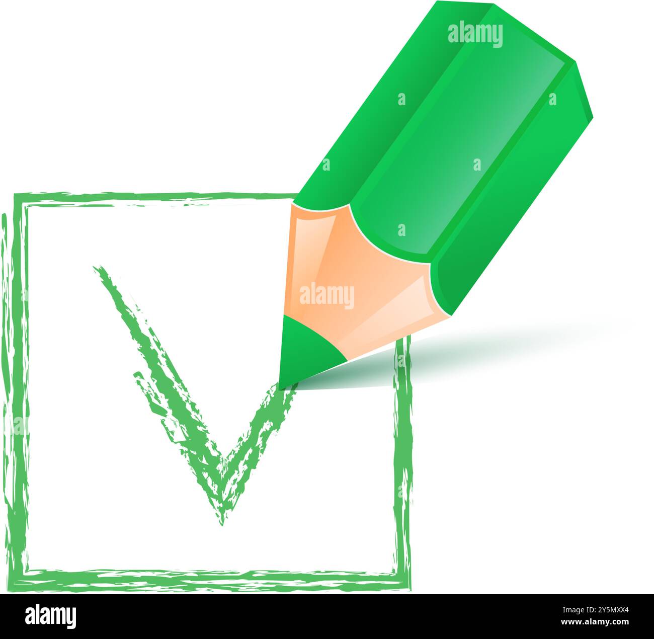 Checkliste mit grünem Bleistift und grünem Häkchen oder Häkchen. Vektorillustration auf weißem Hintergrund. Stock Vektor