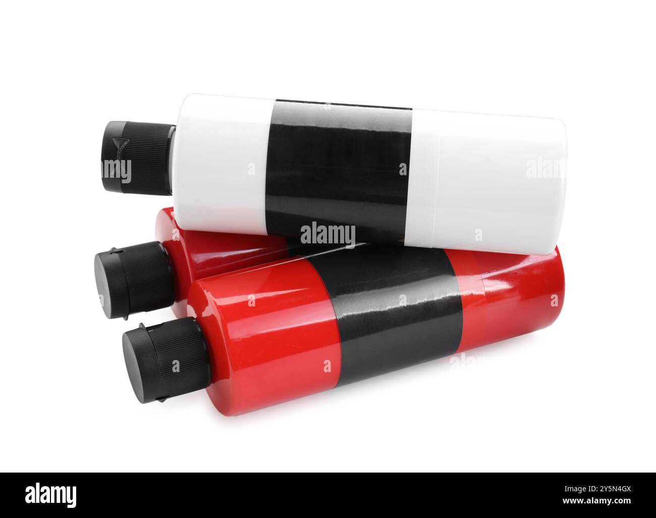 Acrylfarben verschiedener Farben in Flaschen isoliert auf weiß Stockfoto