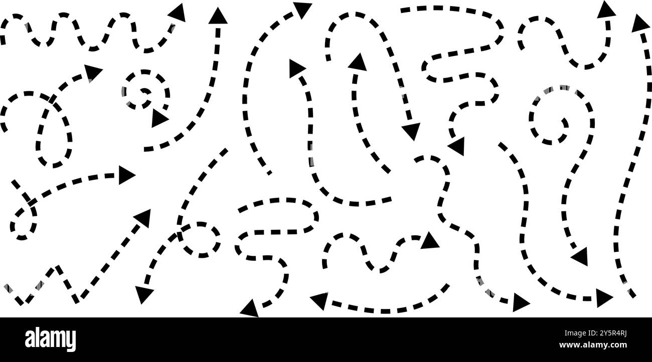 Satz schwarzer handgezeichneter Pfeile mit gepunkteten Linien. Kollektion gekrümmter gestrichelter Zeiger im Doodle-Stil. Richtungs-, Orientierungs- oder Cursorzeichen sind auf weißem Hintergrund isoliert. Vektorgrafik. Stock Vektor
