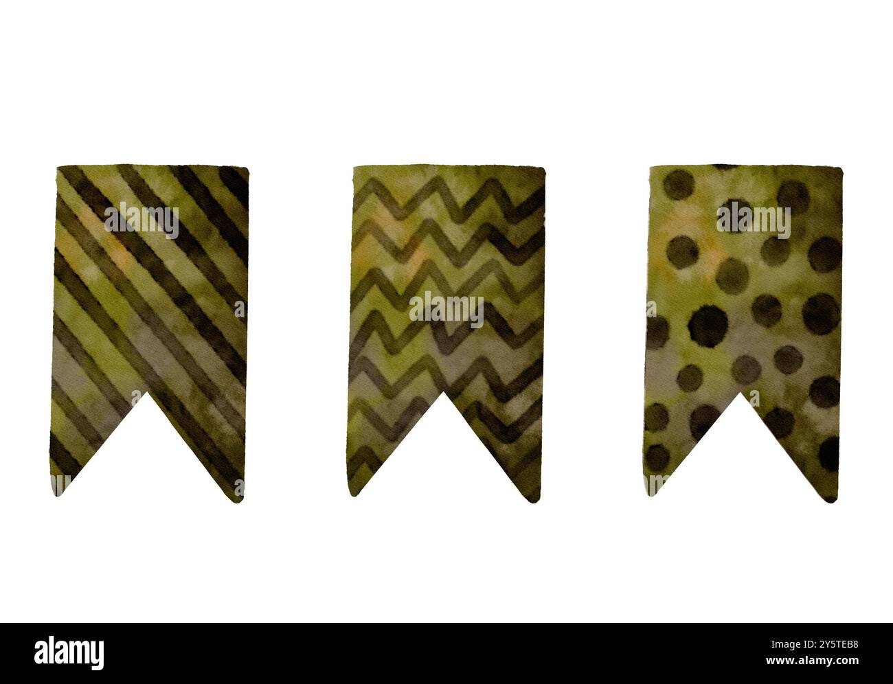 Entdecke stylische grüne Banner mit leuchtenden Streifen, Chevrons und verspielten Polka Dots für deine kreativen Projekte. Isolierte Objekte auf einem bunten abstrakten Hintergrund für die Gestaltung von Websites, Artikeln, Booklet, Flyer, E-Pack, Etikett oder Werbung. Digitale Kunst im Aquarellstil. Stockfoto