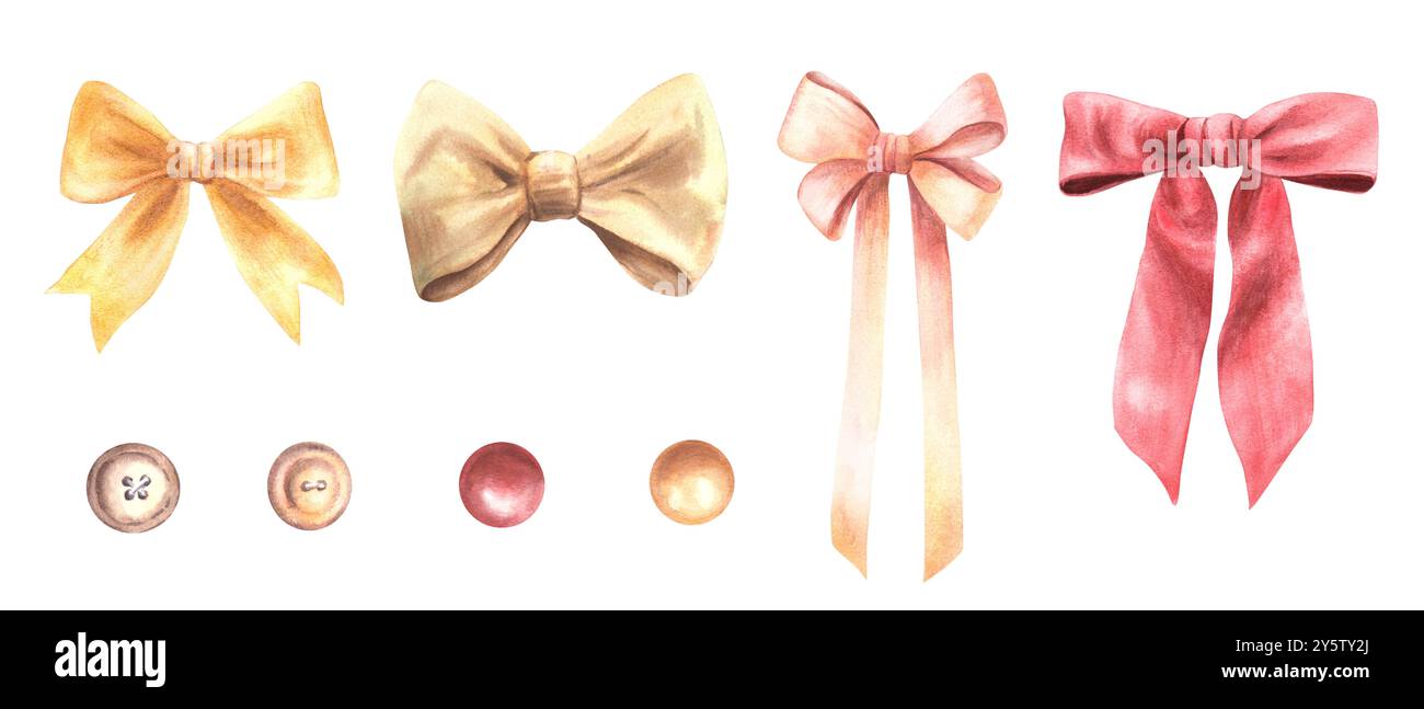 Set mit Schleifen, Bändern und Knöpfen. Vintage-Elemente in Rot, Beige, rosa, Gold, rosa, Pastellfarben. Handgezeichnetes Illustrationskit in Aquarell in realistischer Ausführung Stockfoto
