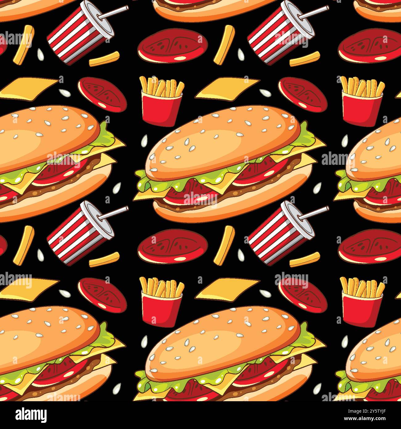 Burger, Pommes und Getränke auf schwarzem Hintergrund Stock Vektor