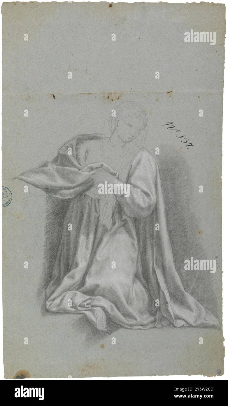 Francisco Bayeu / "Die Jungfrau Annunciate". Ca. 1769. Weiße Kreide, schwarze Kreide auf grünem Papier. Museum: Museo del Prado, Madrid, España. Stockfoto