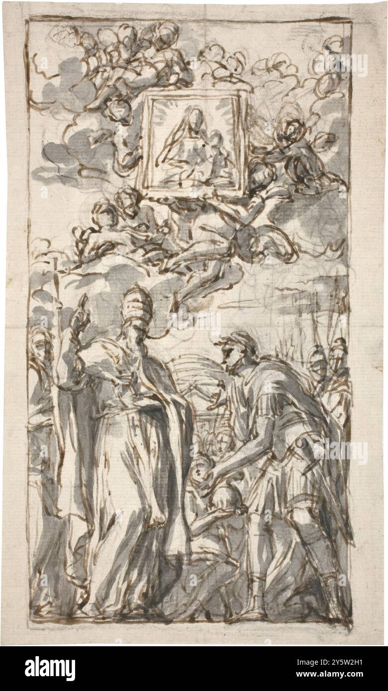 Felipe de Castro / Ein General vor einem Papst und ein Bild der Jungfrau in Herrlichkeit. 18. Jahrhundert. Graubraune Waschung, Bleistift, Bleistift auf Büttenpapier geschliffen. Museum: Museo del Prado, Madrid, España. Stockfoto