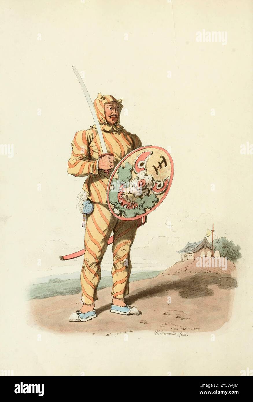 Traditionelle chinesische Tracht aus der Qing-Zeit. Vintage-Illustration eines chinesischen Soldaten der Infanterie oder Tiger of war. 1805 die allgemeine Uniform der chinesischen Truppen ist umständlich und unbequem; diese des Tiger of war ist viel besser für militärische Aktionen geeignet. Die Missionare haben sie Tigers of war genannt, aus ihrem Kleid, das etwas Ähnlichkeit mit diesem Tier hat; sie sind gestreift und haben Ohren auf der Kappe. Sie sind bewaffnet mit einem Skimitar von unhöflicher Verarbeitung und einem Schild aus Korbgeflecht oder Korbgeflecht, so gut hergestellt, dass sie dem schwersten Schlag eines Schwertes widerstehen. Auf ihm ist Schmerz Stockfoto