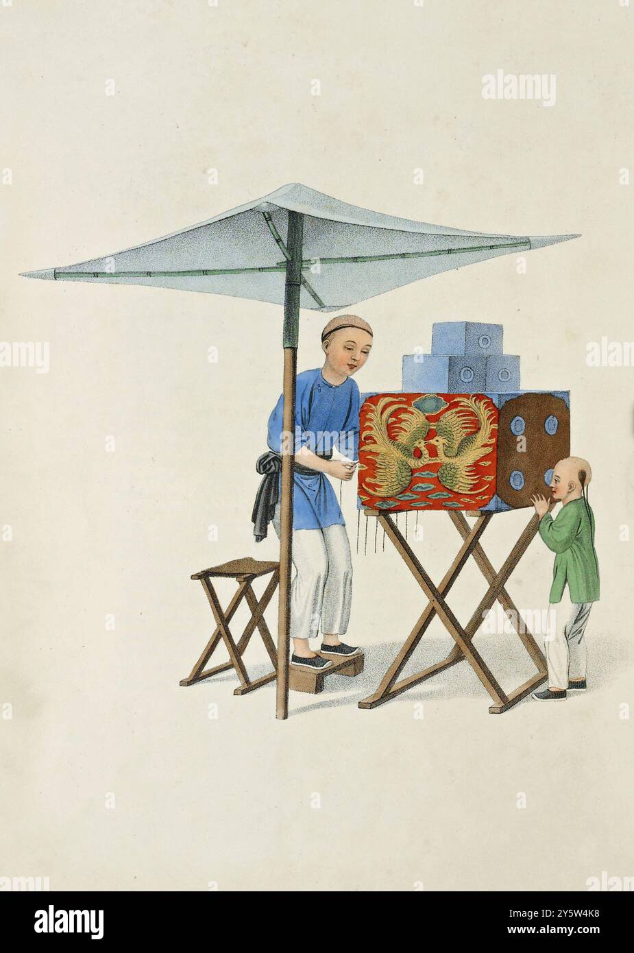 Traditionelle chinesische Tracht aus der Qing-Zeit. Vintage-Illustration eines Chinesen mit einer Ratee-Show. 1800 ob sich die Europäer die Idee von den Chinesen ausgeliehen haben oder ob sie die Erfinder dieses kindlichen Neugierdesgegenstandes waren, kann nicht leicht entschieden werden; die Lächeligkeit dieses harmlosen Vergnügens wird jedem klar sein. Der chinesische Showman produziert mit kleinen Streichern eine Reihe von Bildern auf das perspektivische Glas und erzählt eine Geschichte und Beschreibung jedes Themas, während er es präsentiert. Stockfoto