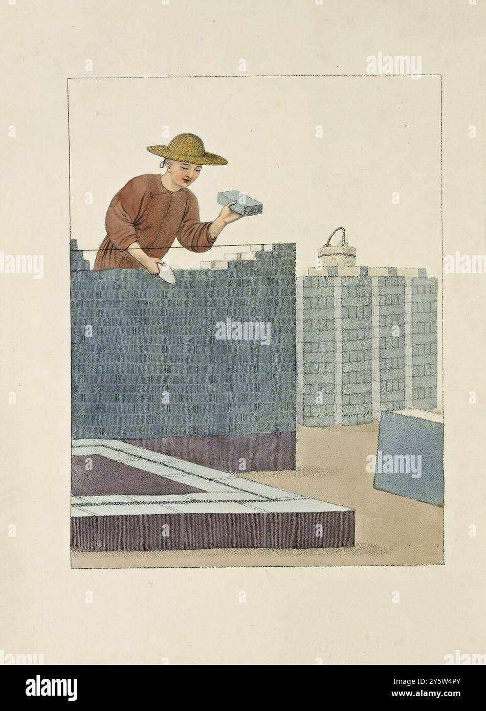 Traditionelle chinesische Tracht aus der Qing-Zeit. Vintage-Illustration eines chinesischen Maurers. 1800 die Kelle und Linie sowie die Art der Ziegelverlegung ähneln denen, die in Europa verwendet werden. Die chinesischen Häuser befinden sich größtenteils im Erdgeschoss, ausgenommen die der Kaufleute, die Lager und Arbeitsräume auf einem anderen Stockwerk haben; innen sind sie ordentlich mit Lack und Vergoldung verziert, haben aber sehr wenig Möbel. Ihre Ziegel sind lang, breit und dünn, und sie haben im Allgemeinen eine graublaue Farbe. Der Mörserstreifen ist extrem minutiös, Appa Stockfoto